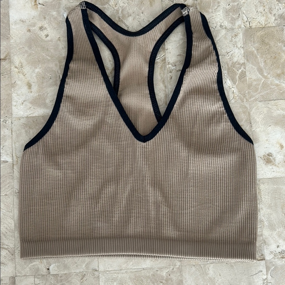 Free People Movement Tan and Black Racerback Sports Bra /Ribbed Crop Top Size M